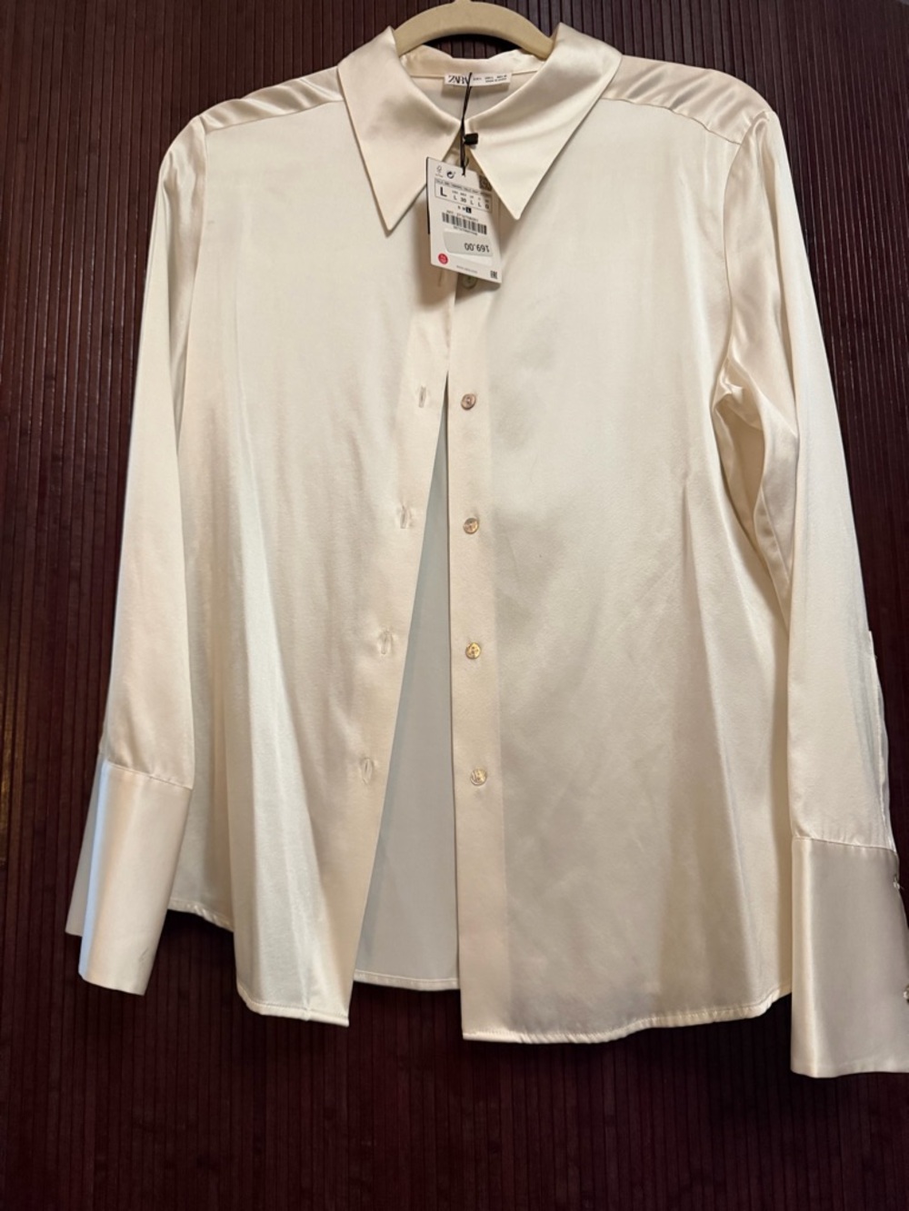 Zara Silk Ivory Button-Up Blouse NWT Large Statement Collar